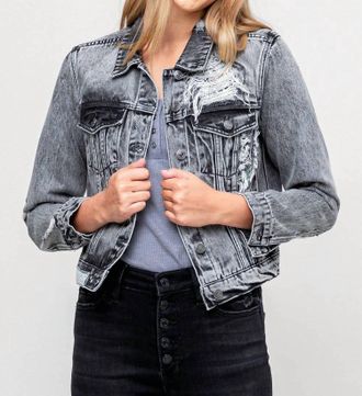 Flying Monkey Kimber Distressed Patched Denim Jacket In Gray