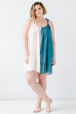 Salua Sheer Tie Strap Babydoll in Silk Cotton Blend in White/teal at Nordstrom