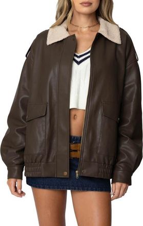 Edikted Ann Oversize Faux Leather Jacket with Faux Shearling Collar in Brown at Nordstrom, Size X-Large
