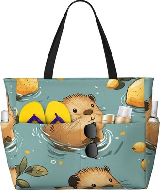 Generic Cute Capybara Print Large Beach Bag Foldable Travel Shoulder Tote Bag With Pocket For Weekender Pool Vacation