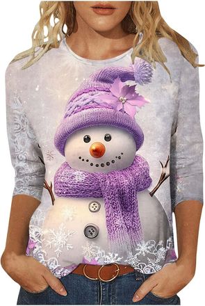 Generic Ugly Christmas T Shirts Women Light Up Christmas Tree Printed Tops Oversized Pullover 3/4 Sleeve Tunic Tees Novelty Sparkly Xmas Graphic Shirt Novelty