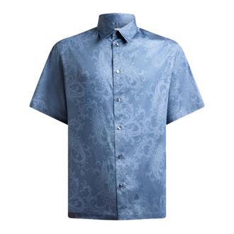 Etro Oversized Shirt in Cotton Satin with Floral Paisley Motif - male - Etro - Short Sleeve Shirts - Blue - 2XL - Shirts
