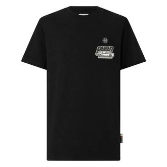 Philipp Plein Tops, Heren, Zwart, S, Katoen, T-shirt Ronde Hals Racing