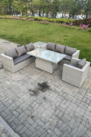 Fimous Rattan Garden Funiture Set Adjustable Rising Lifting Table Sofa Dining Set Side Table in Light Grey