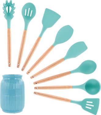 MegaChef Light Teal Silicone and Wood Cooking Utensils, Set of 9