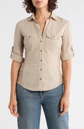 James Perse Three-Quarter Sleeve Button-Up Shirt in Light Tan at Nordstrom Rack, Size 3 (Fits Like 8-10 Us)