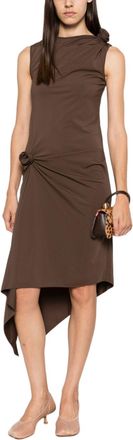 Coperni Asymmetric Brown Dress with Draped Detailing and Floral Accents