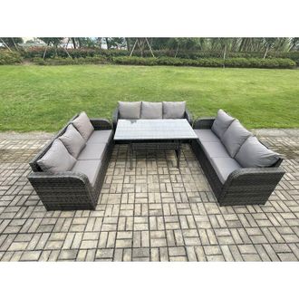 Fimous Patio Rattan Garden Furniture Set with Oblong Rectangular Dining Table 9 Seater Outdoor Lounge Sofa Set Dark Grey Mixed - Fimous