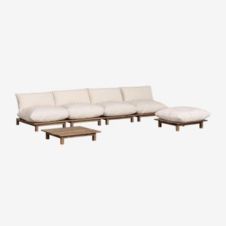 Sklum Sklum - Conjunto De Jard&iacute;n Con Sof&aacute; Modular Reclinable De 4 Piezas, Mesa De Centro Y Puff En Madera De Acacia Brina