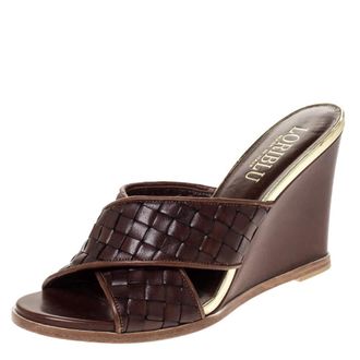 Loriblu Brown/gold Woven Criss Cross Leather Wedge Sandals