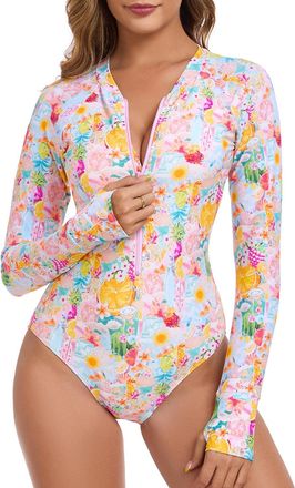 Relleciga Womens One Piece Swimsuits Long Sleeve Rash Guard UV Protection Surfing Swimsuit Bathing Suit, Riviera, Large