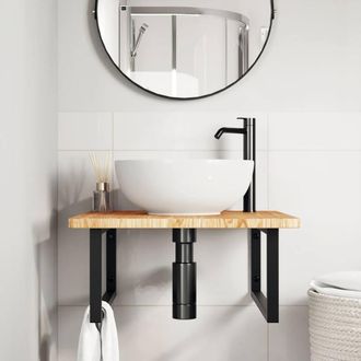 Berkfield Home Elegant Basin Shelf Wall Mounted Steel & Solid Wood Oak in Brown