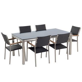 Beliani Conjunto De Comedor De Jard&iacute;n Negro Con Mesa 180 X 90 Cm De Vidrio Negro 6 Sillas De Rat&aacute;n Grosseto