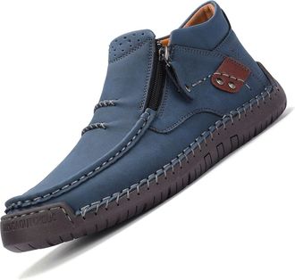 Generic Mens Casual Arch Support Non-Slip Leather Slip-On Loafers, Wide Toe Handmade Premium Leather Slip-On Driving Boots, Business Dress Shoes (Blue,10.5)