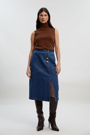 Karen Millen Womens Denim Asymmetric Button Front A line Skirt - Blue Cotton - Size 14 UK