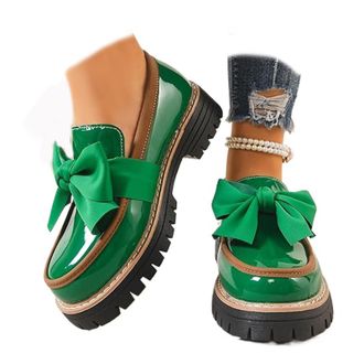 Generic Womens Patent Bowknot Thick Sole Loafers - Platform Round Toe Slip-On Shoes, Chunky Heel Non-Slip Loafers for Women for Office Business Work Everyday 