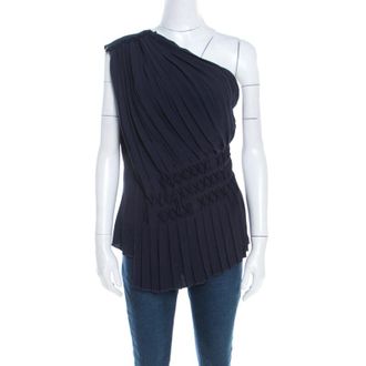Escada Navy Blue Pleated Crepe Honeycomb Smocking Detail One Shoulder Nienke Top