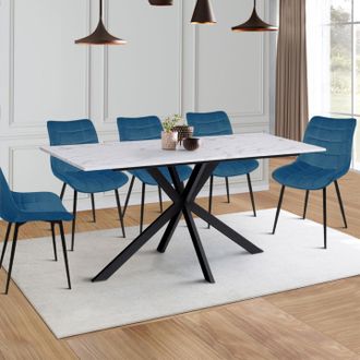IDMarket Alaska Mesa De Comedor Para 8 Con Efecto M&aacute;rmol Blanco Y Pata De Ara&ntilde;a De Metal 160 Cm