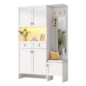 STILVORA Mueble De Entrada Con 5 Puertas, 2 Cajones, 3 Ganchos, 1 Espejo Y Led Regulable Para Pasillo, En Tablero De Particulas 120&times;33.5&times;180 Cm Blanco