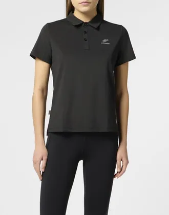 Plein Sport Pique Polo T-Shirt Reflective Scratch Women in Black at Nordstrom, Size X-Small Eu