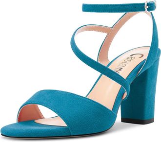 Castamere Women Chunky Block High Heel Peep Open Toe Ankle Strap Sandals Dress Wedding 8 CM Heels Blue Suede A 6 UK
