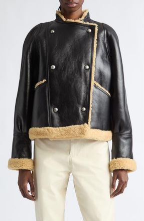 Altuzarra Kenny Genuine Shearling Trim Leather Coat in Black Granola at Nordstrom, Size 38