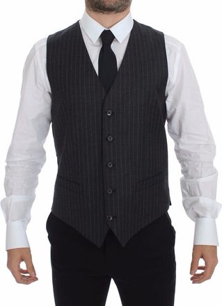Dolce & Gabbana Gray Striped Wool Logo Vest Gilet Mens Weste