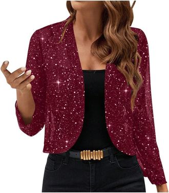 Generic Women Jackets Casual Long Sleeve Open Front Sparkly Sequin Party Gathering Cardigan Jacket Sparkly Crop Coat (Wine, XL)