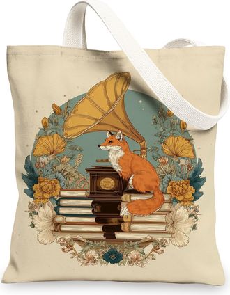 Generic Vintage Canvas Tote Bags, Artistic Fox and Gramophone Design Reusable Grocery Bags, Lightweight Washable Shoulder Strap Canvas Bags for Gym Outdoor Tr
