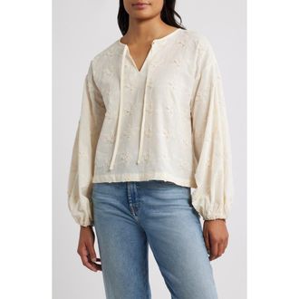 Bobeau Balloon Sleeve Tie Neck Cotton Top in Cream at Nordstrom Rack, Size X-Large