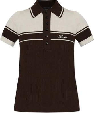 Amiri Wol Polo Shirt met Geborduurd Logo - Dames - V-hals truien - Bruin - S - Wol - Truien & Vesten