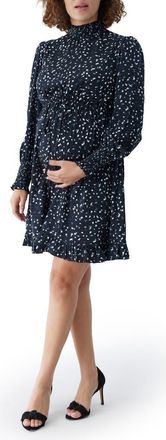 Ingrid & Isabel Smocked Long Sleeve Maternity Dress in Black White Dot at Nordstrom, Size X-Large