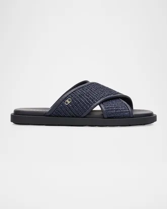 Ferragamo Men & apos;s Leather and Raffia Gancini Ornament Crisscross Sandals
