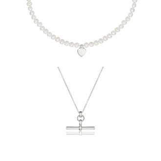 Lily & Roo Silver T-Bar and Large Pearl Personalised Heart Necklace Gift Set