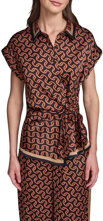 Karl Lagerfeld Side Tie Cr&ecirc;pe de Chine Button-Up Shirt in Midnight Navy/siena at Nordstrom, Size X-Large