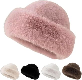 Generic Womens Winter Faux Fur Bucket Hat, Fluffy Furry Warm Hat, Soft Plush Fisherman Cap for Cold Weather (Pink)
