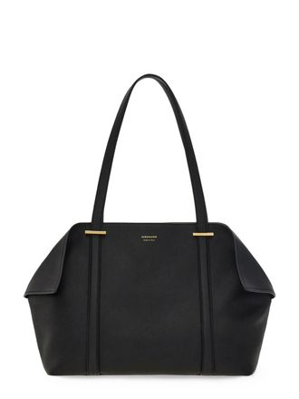 Ferragamo Structured Black Leather Tote Bag with Gold Accents