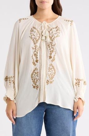 Chelsea & Theodore Embroidered Balloon Sleeve Button-Up Top in Buttercream at Nordstrom Rack, Size 1 X