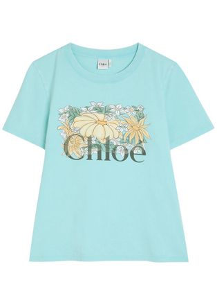Chlo&eacute; Printed Cotton T-shirt - Turquoise - S (UK8-10 / S)