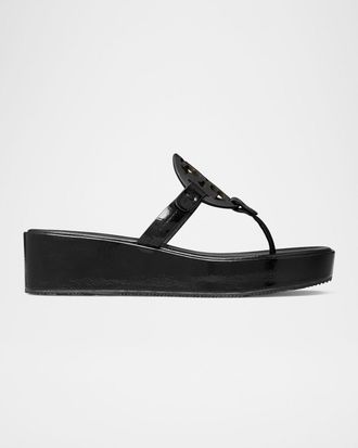 Tory Burch Miller Patent Leather Logo Wedge Thong Sandals