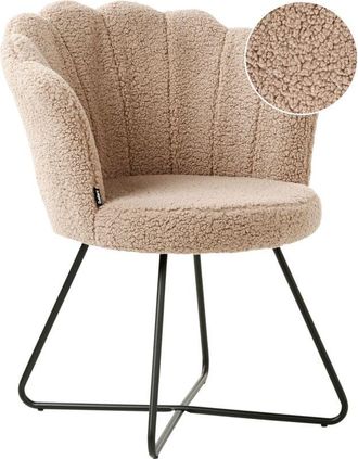 Beliani Silla Sin Reposabrazos Asiento Redondo Estructura Met&aacute;lica Respaldo Concha Dise&ntilde;o Vintage Tapicer&iacute;a Boucl&eacute; Beige Lovelock