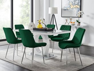 Furniturebox Giovani 6-Seater Grey Glass Dining Table & 6 Pesaro Soft Velvet Dining Chairs in Green