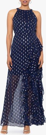 Betsy & Adam Metallic Clip Dot Ruffle Halter Neck Chiffon Gown in Navy/copper at Nordstrom, Size 14