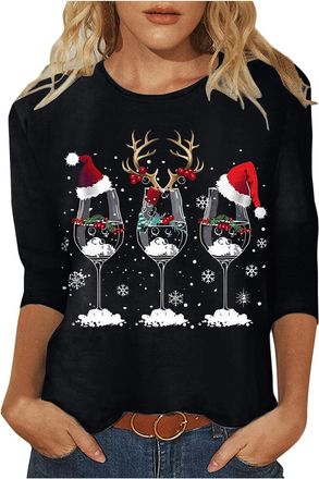 Generic Women Christmas T Shirts 3/4 Length Sleeve Round Neck Tops Round Neck Comfortable Tops Christmas Printed Shirt T Shirt Pullover Blouses Xmas Shirts Dr