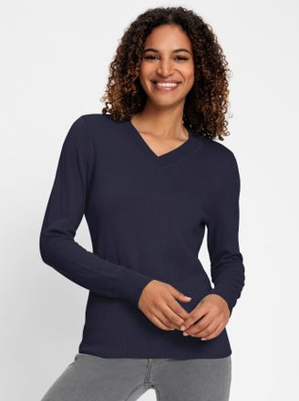 Casual Looks V-Ausschnitt-Pullover CASUAL LOOKS Pullover, Damen, Gr. 36, blau (marine), 100% Baumwolle, unifarben, Pullover V-Ausschnitt-Pullover