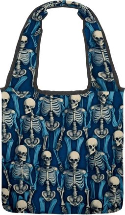 Generic Vintage Blue Skeleton Reversible Canvas Shoulder Tote - Double-Sided Print, 12oz Cotton, 27cm Drop, Fold-Flat Bag for Travel, Shopping, Street Outings