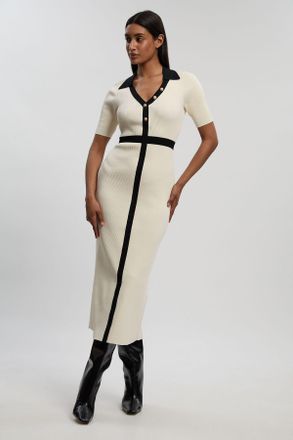 Karen Millen Womens Petite Knit Rib With Contrast Waist Detail Collared Short Sleeve Midi Dress - White Polyamide - Size X-Small