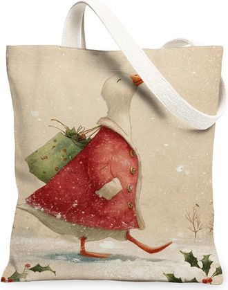 Generic Christmas Animal Canvas Tote Bags, Vintage Holiday Goose Design Reusable Grocery Bags, Lightweight Washable Shoulder Strap Canvas for Travel, Beach, P
