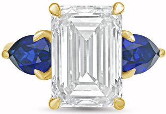 Diana M. Jewels 18kt yellow gold lab grown 8ct emerald diamond ring with sapphire pears on the sides