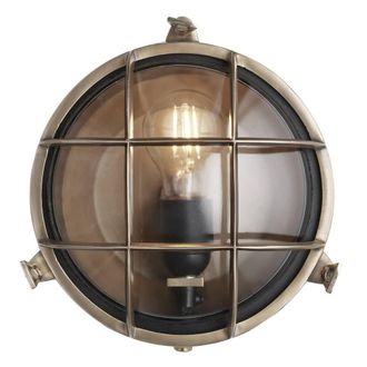 Industville Bulkhead Outdoor & Bathroom Round Wall Light - 8 Inch - Brass & Clear in Metallic Gold | Size: 8 inches